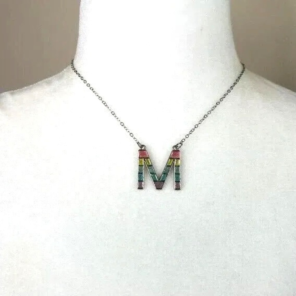 Initial Letter M Necklace Multicolor Enamel Pendant Silver Tone Chain Adjustable